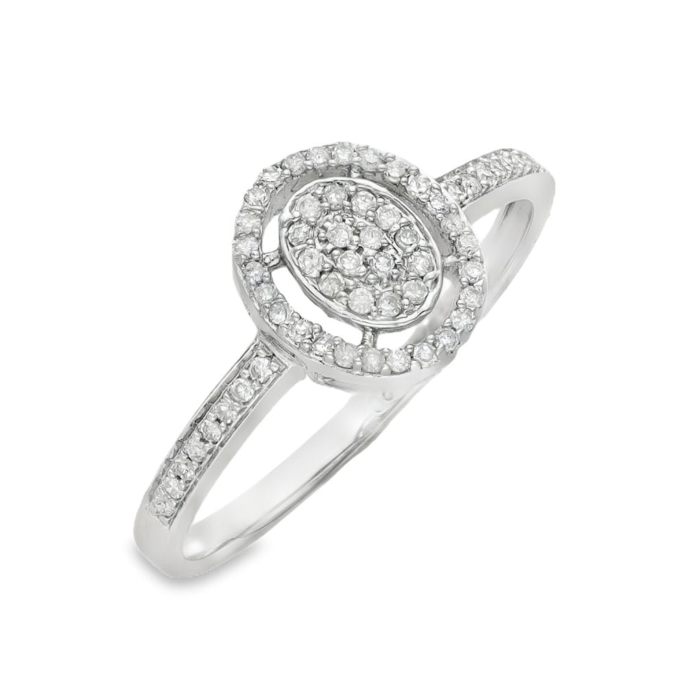 9ct White Gold Diamond Oval Cluster Ring - Size N - 0.20ct