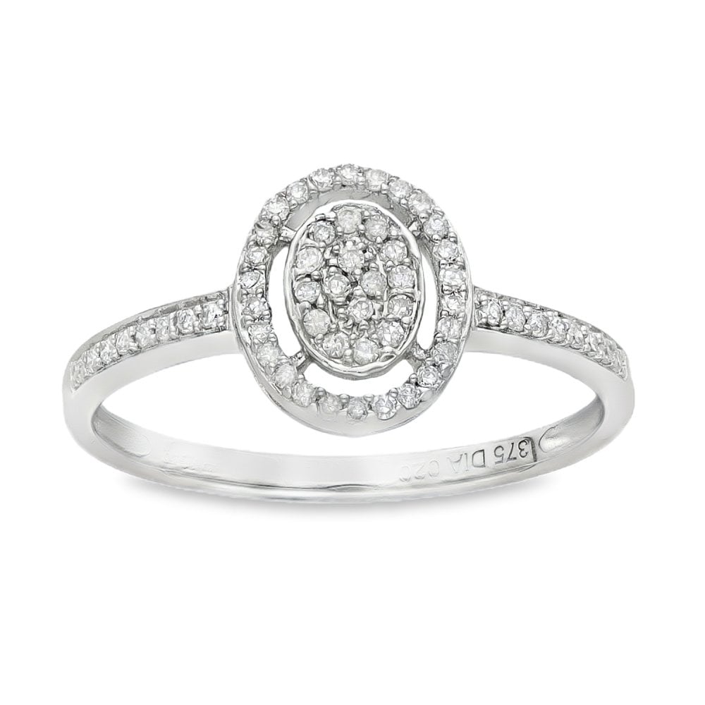9ct White Gold Diamond Oval Cluster Ring - Size N - 0.20ct