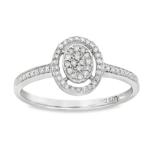 9ct White Gold Diamond Oval Cluster Ring - Size N - 0.20ct