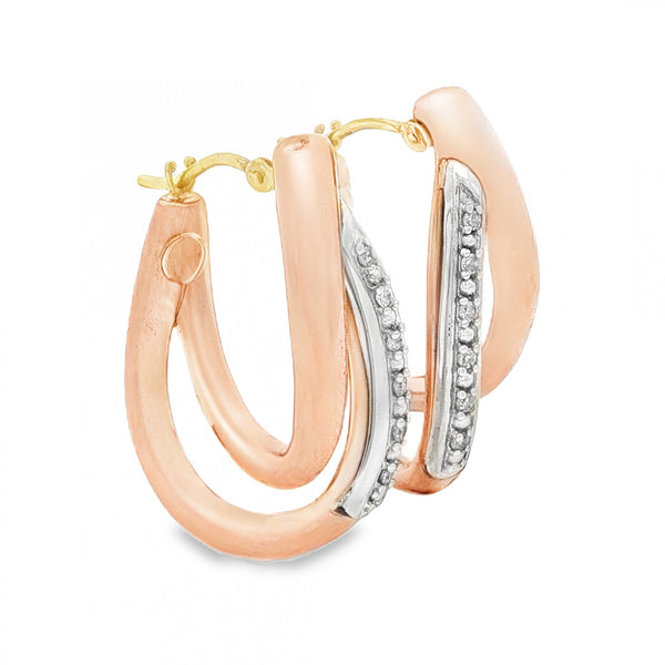 9ct Yellow & Rose Gold Diamond Double Hoop Earrings - 0.10ct