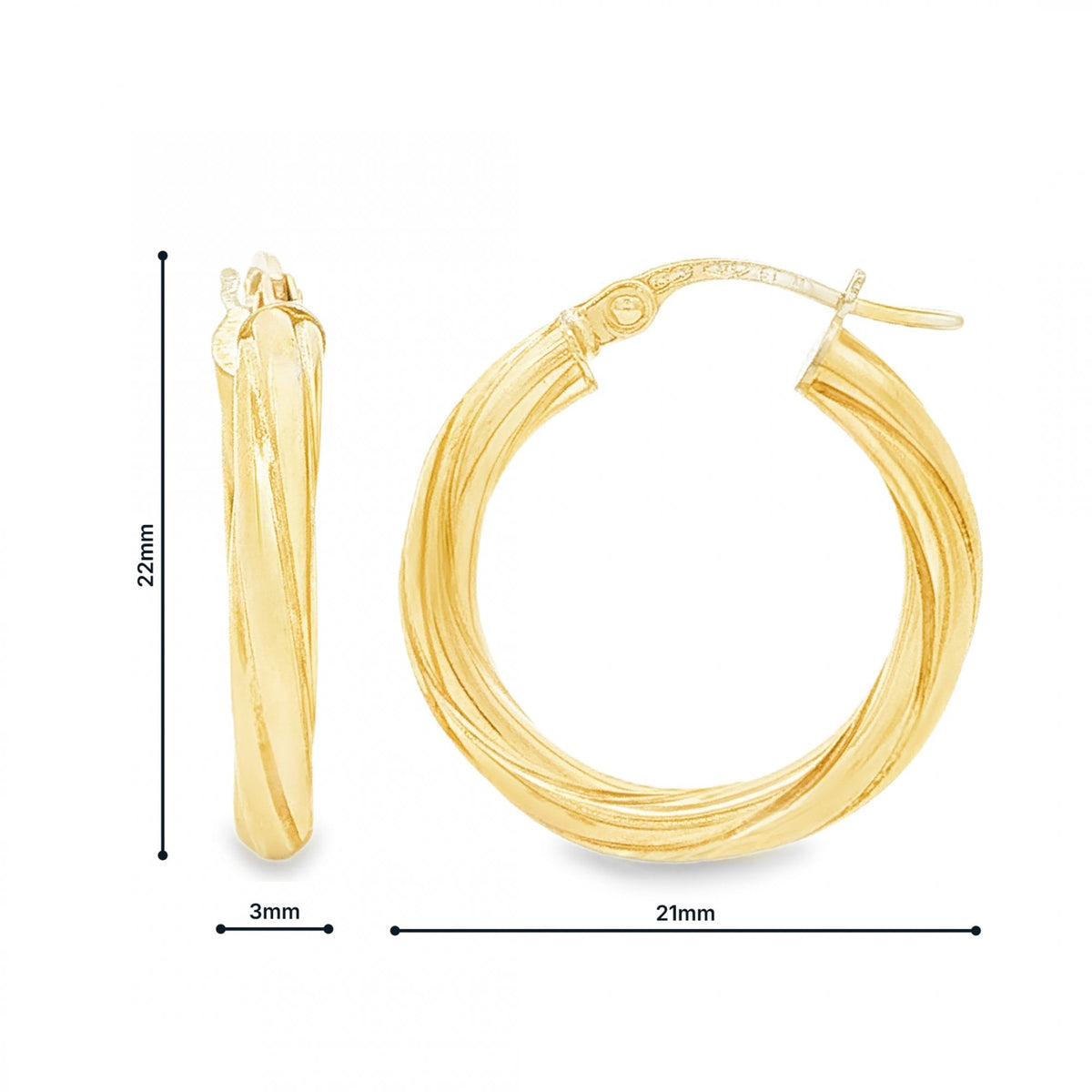 9ct Yellow Gold Twist Tube Hoop Earrings - 3x22x21mm - 1.6g