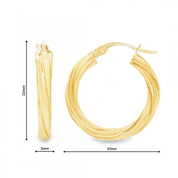 9ct Yellow Gold Twist Tube Hoop Earrings - 3x22x21mm - 1.6g