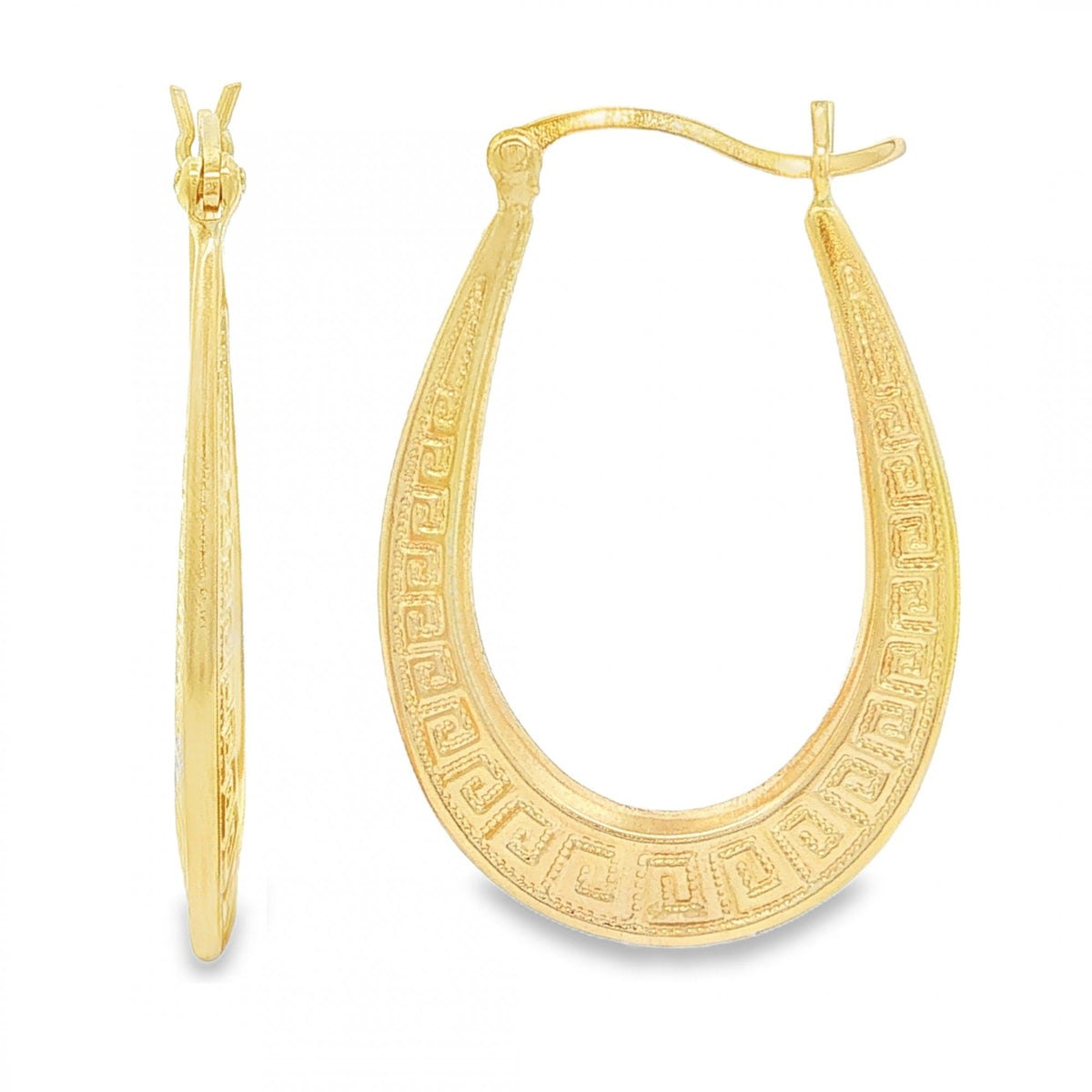 9ct Yellow Gold Oval Greek Key Hoop Earrings - 2.5x31x22mm -2.0g