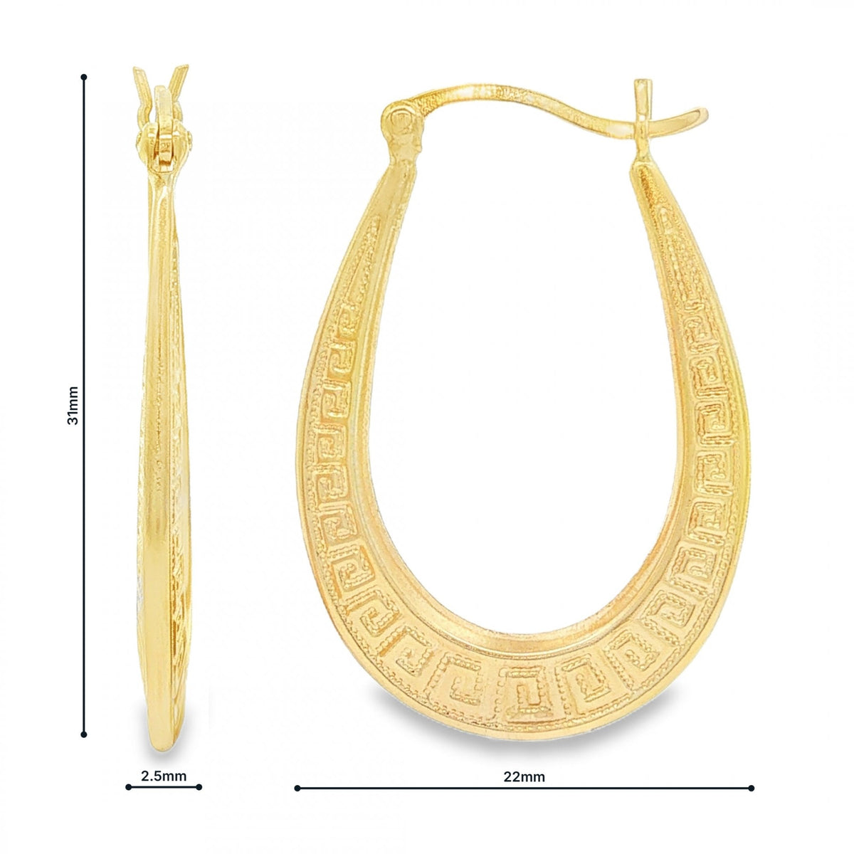 9ct Yellow Gold Oval Greek Key Hoop Earrings - 2.5x31x22mm -2.0g