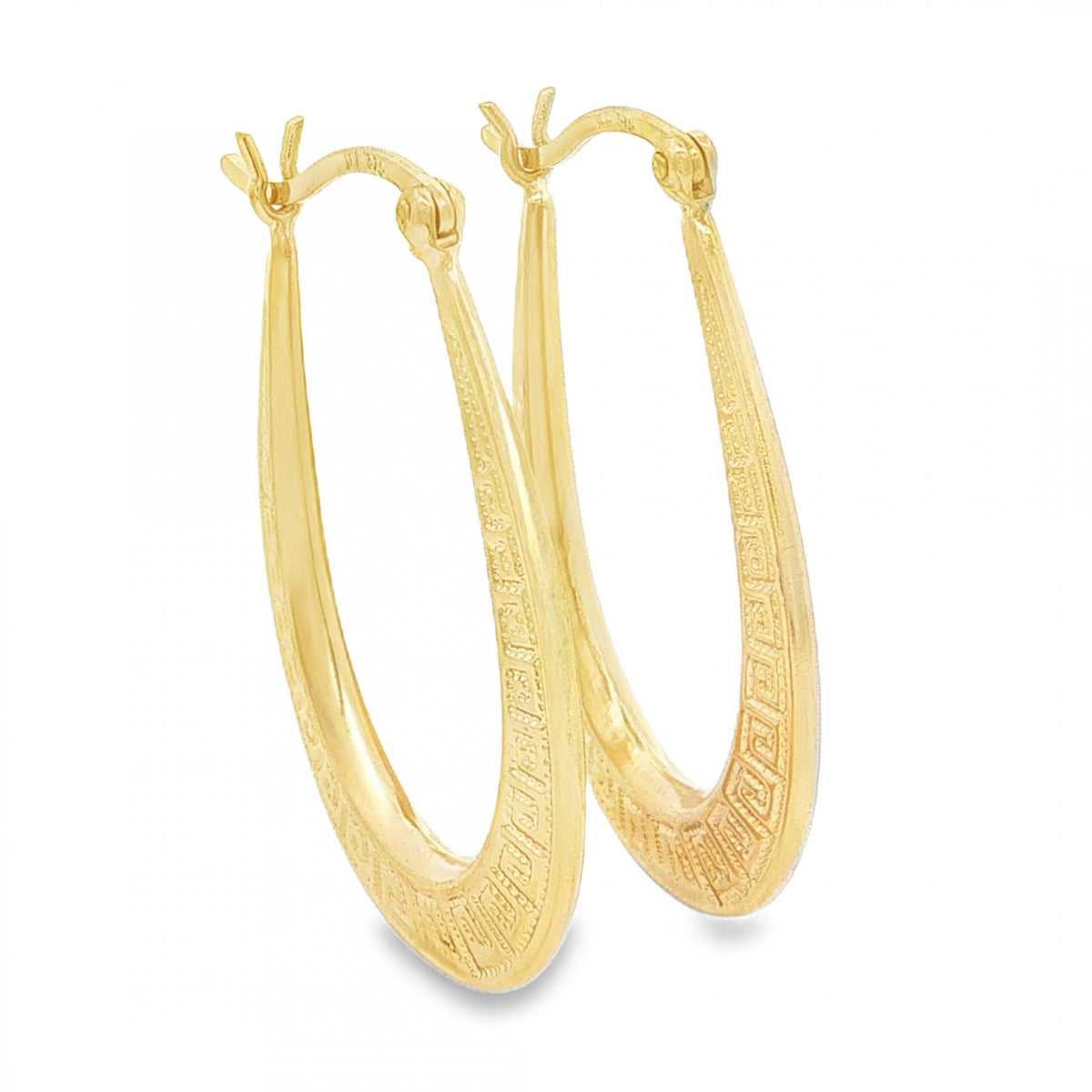 9ct Yellow Gold Oval Greek Key Hoop Earrings - 2.5x31x22mm -2.0g
