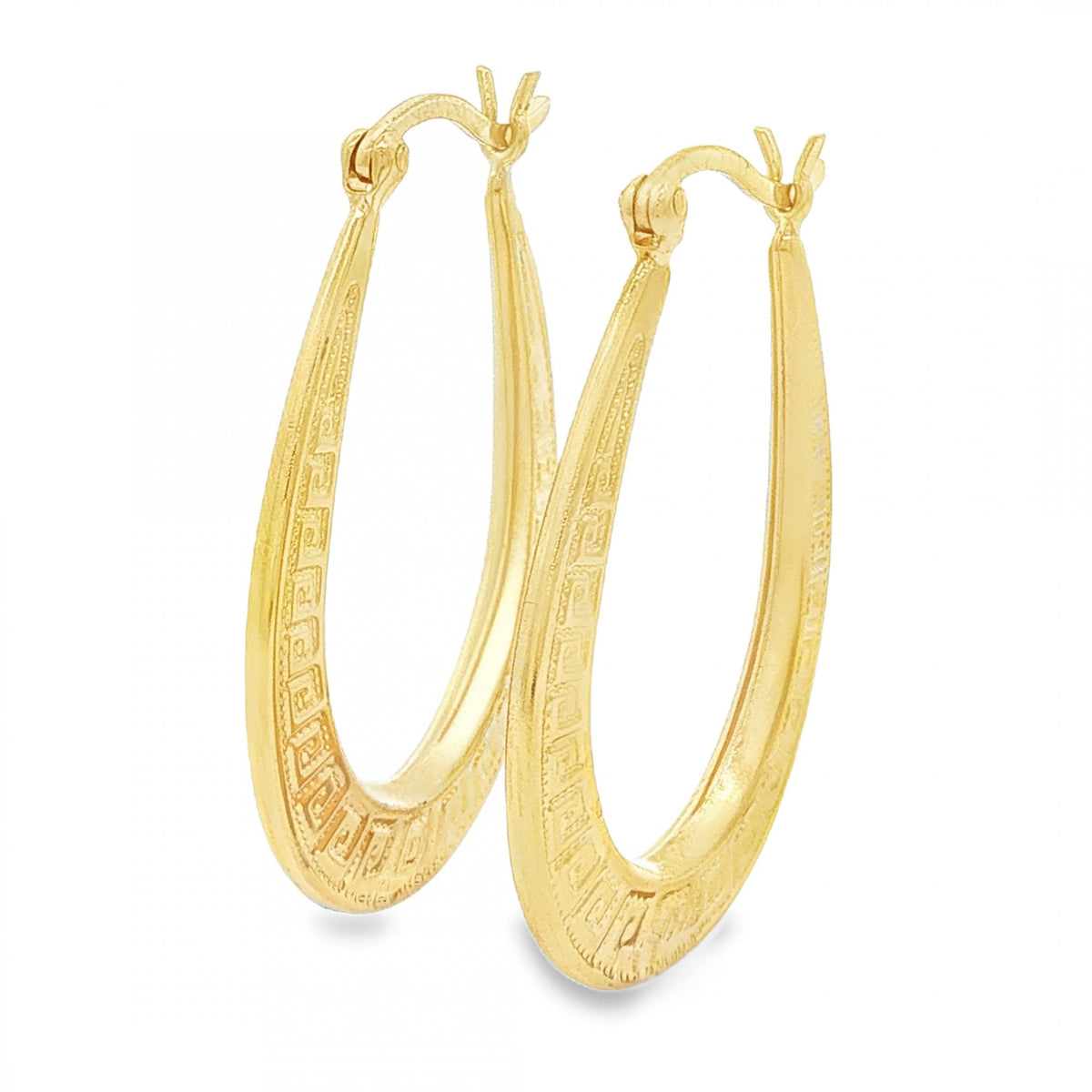 9ct Yellow Gold Oval Greek Key Hoop Earrings - 2.5x31x22mm -2.0g