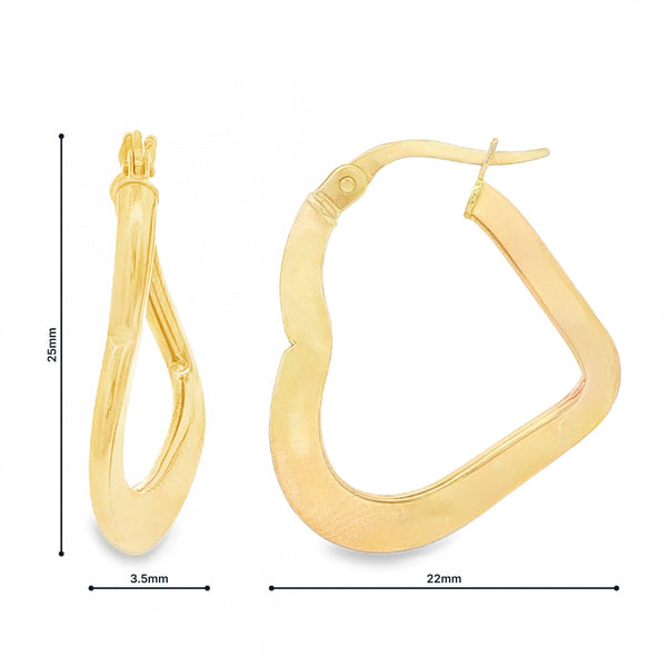 9ct Yellow Gold Twist Heart Hoop Earrings - 3.5x25x22mm - 1.7g