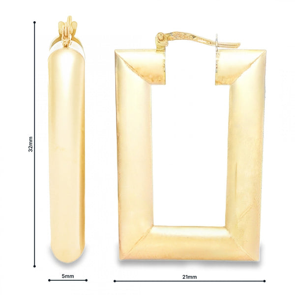 9ct Yellow Gold Rectangular Hoop Earrings - 5x32x21mm - 5.5g