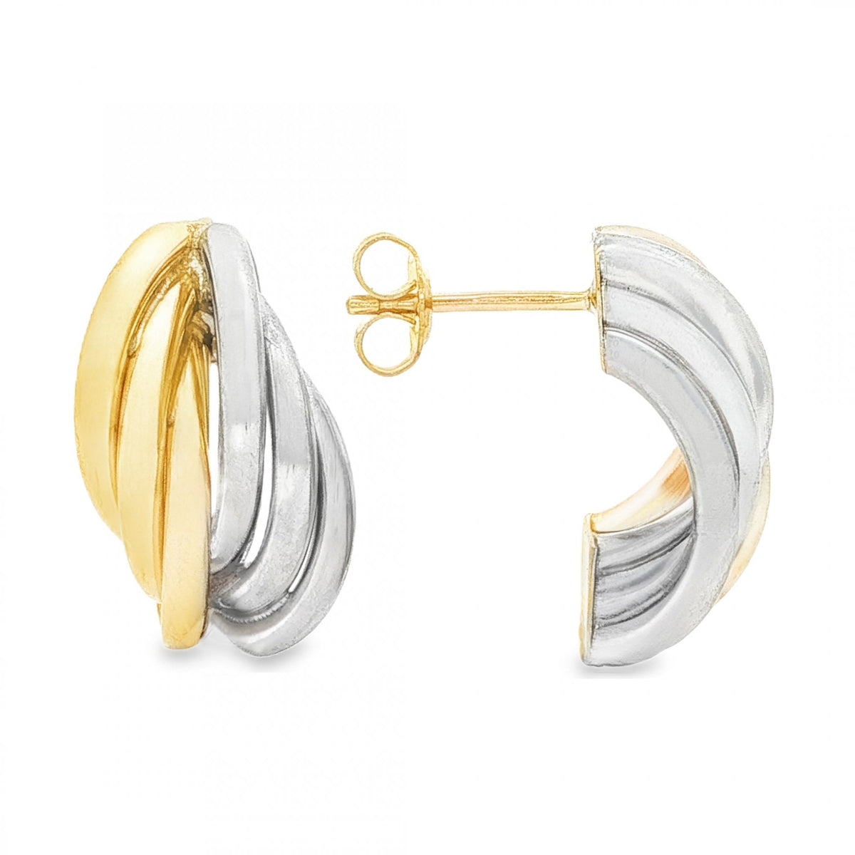 9ct Yellow & White Gold Triple Twist Stud Earrings - 11x20x6mm