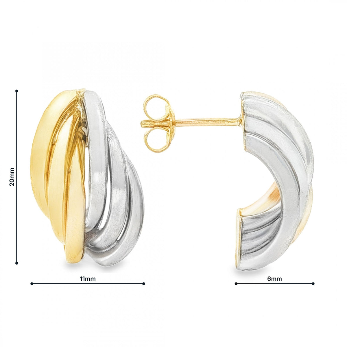 9ct Yellow & White Gold Triple Twist Stud Earrings - 11x20x6mm
