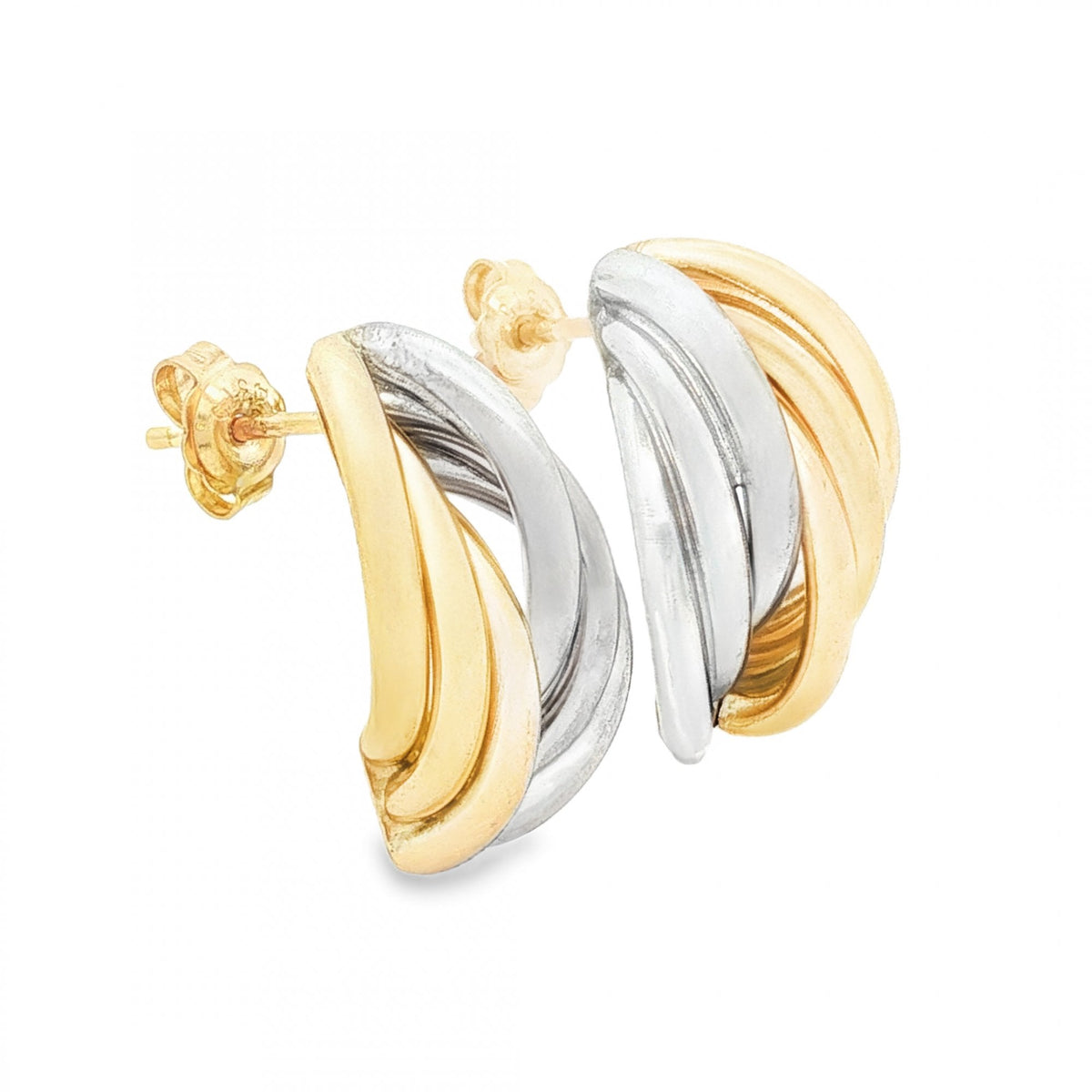 9ct Yellow & White Gold Triple Twist Stud Earrings - 11x20x6mm