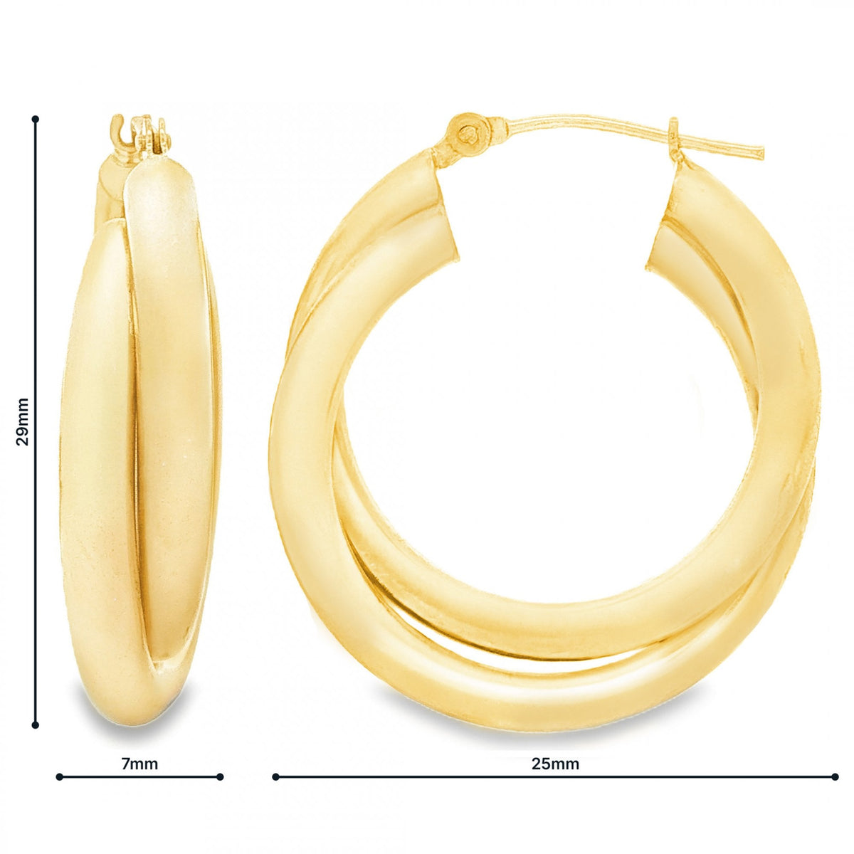 9ct Yellow Gold Double Tube Hoop Earrings - 7x29x25mm - 4.2g