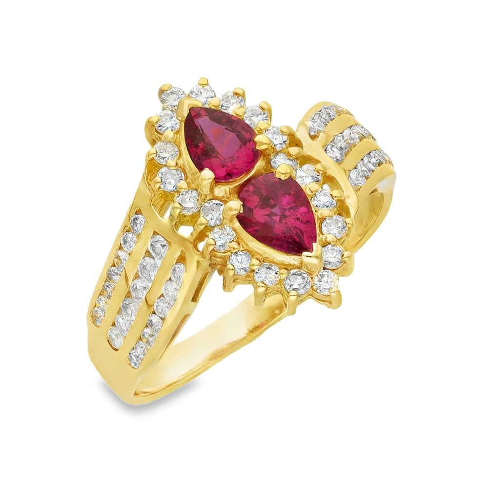 14ct Yellow Gold Ruby & Diamond Halo Ring - Size P - 1.33ct