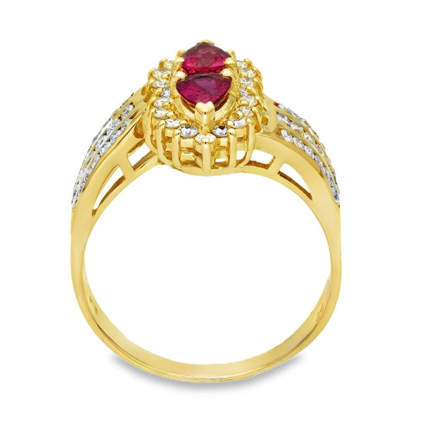 14ct Yellow Gold Ruby & Diamond Halo Ring - Size P - 1.33ct