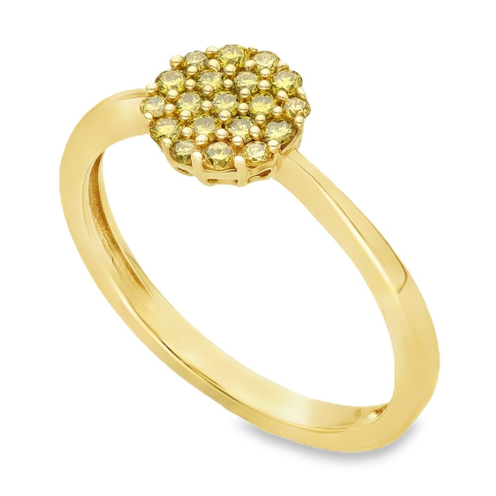 9ct Yellow Gold Yellow Diamond Cluster Ring - Size N - 0.25ct