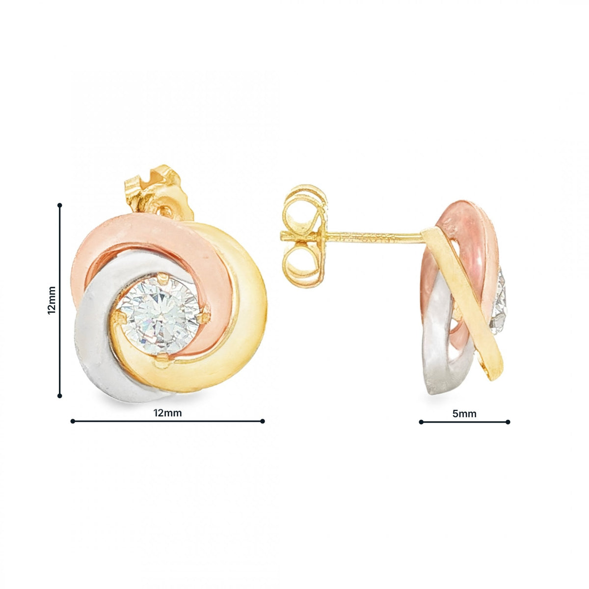 9ct Multi-Tone Gold CZ Knot Stud Earrings - 12x12x5mm - 1.4g