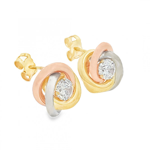 9ct Multi-Tone Gold CZ Knot Stud Earrings - 12x12x5mm - 1.4g