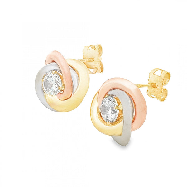 9ct Multi-Tone Gold CZ Knot Stud Earrings - 12x12x5mm - 1.4g