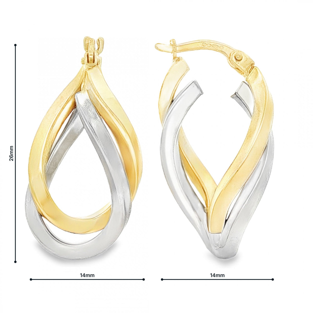 9ct Yellow & White Gold Double Square-Tube Hoop Earrings - 2.9g