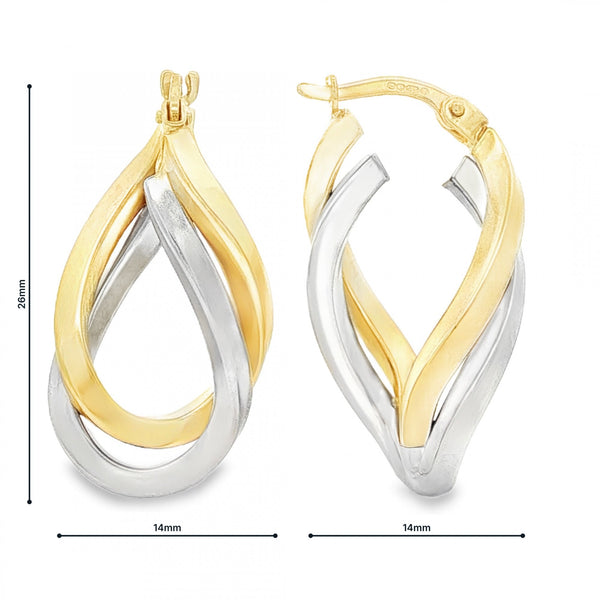 9ct Yellow & White Gold Double Square-Tube Hoop Earrings - 2.9g