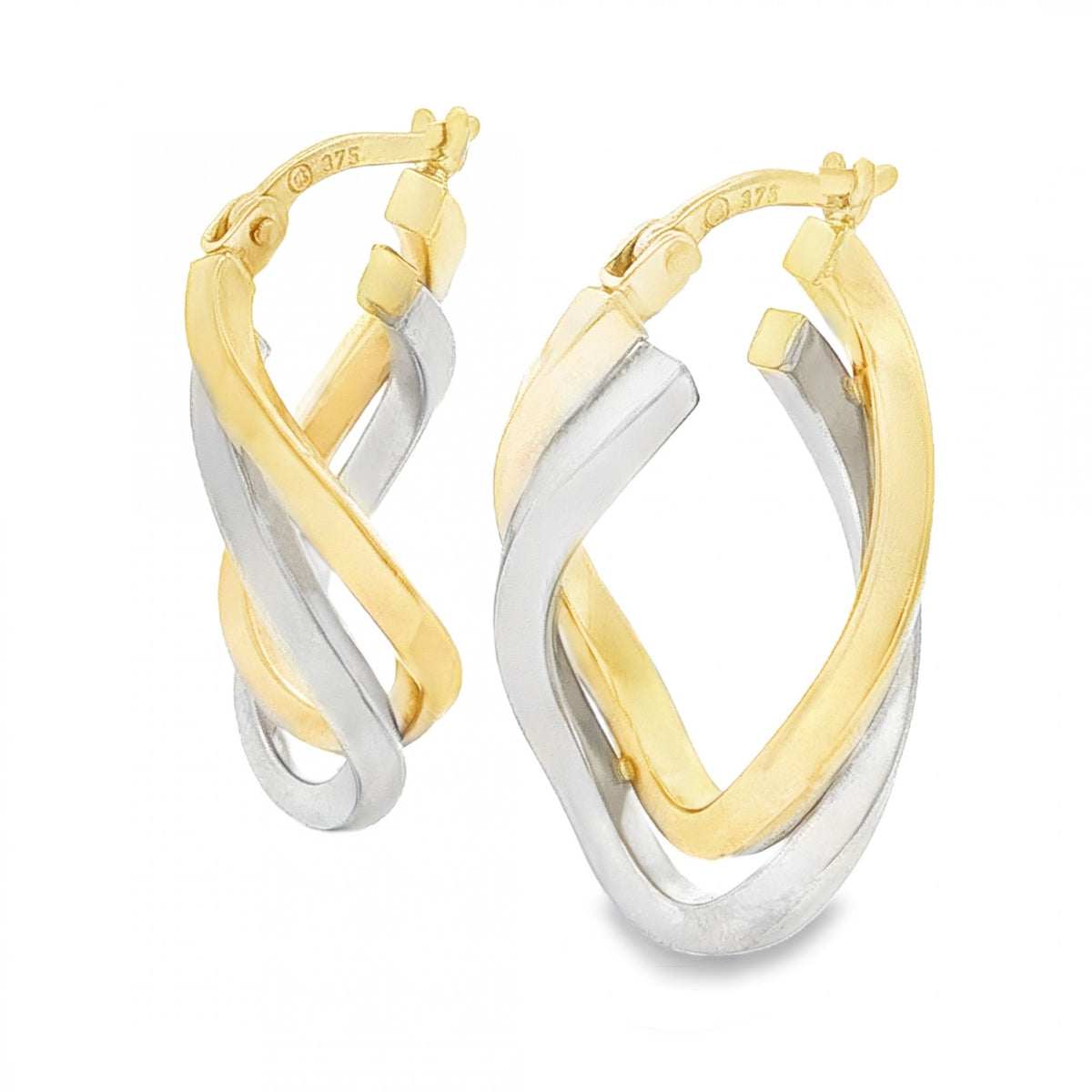 9ct Yellow & White Gold Double Square-Tube Hoop Earrings - 2.9g