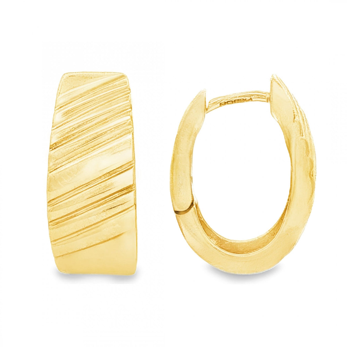 9ct Yellow Gold Half Patterned Hoop Earrings - 7x17x13mm - 4.4g