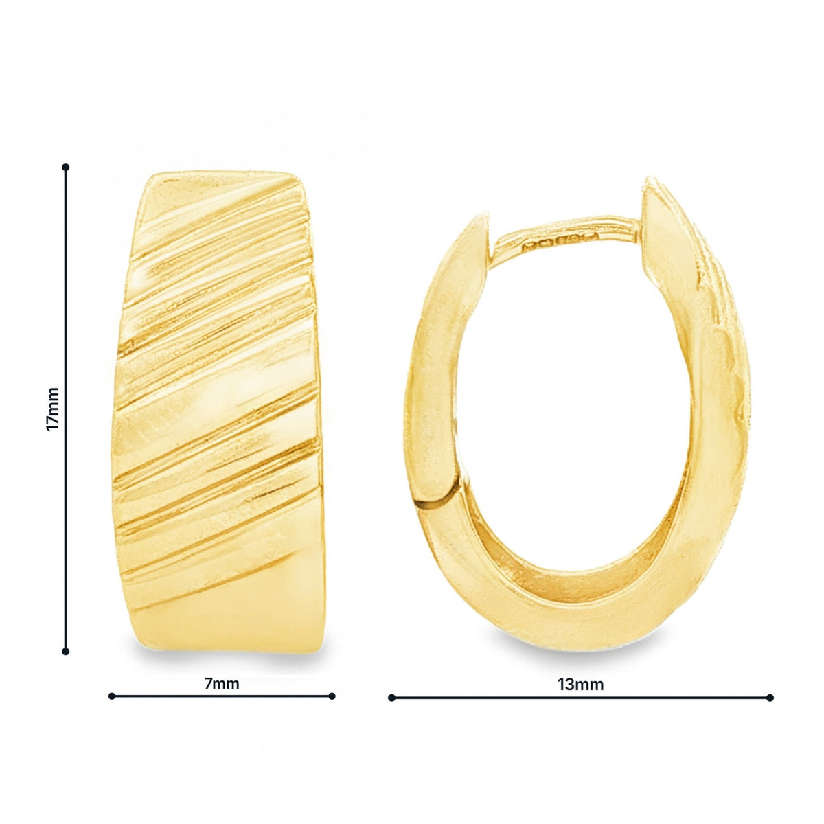 9ct Yellow Gold Half Patterned Hoop Earrings - 7x17x13mm - 4.4g