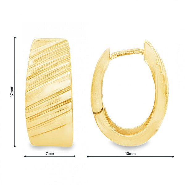 9ct Yellow Gold Half Patterned Hoop Earrings - 7x17x13mm - 4.4g