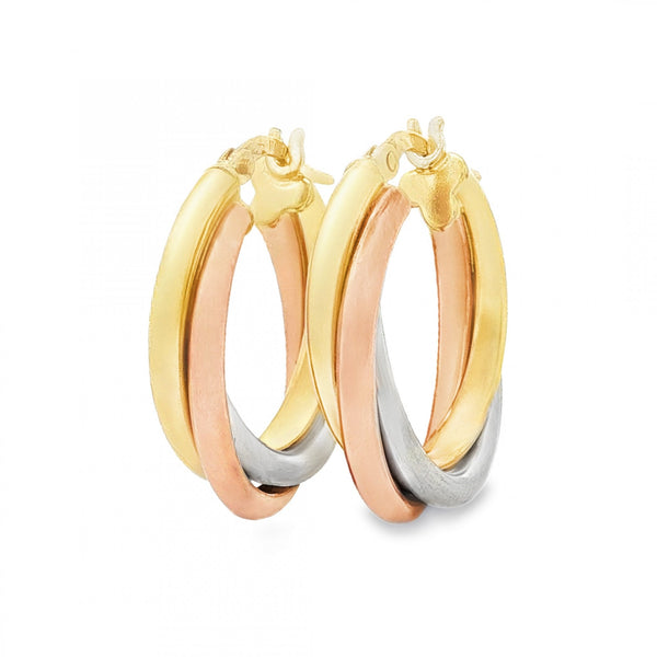 9ct Multi-Tone Gold Triple Tube Hoop Earrings -4.5x22x21mm -3.5g