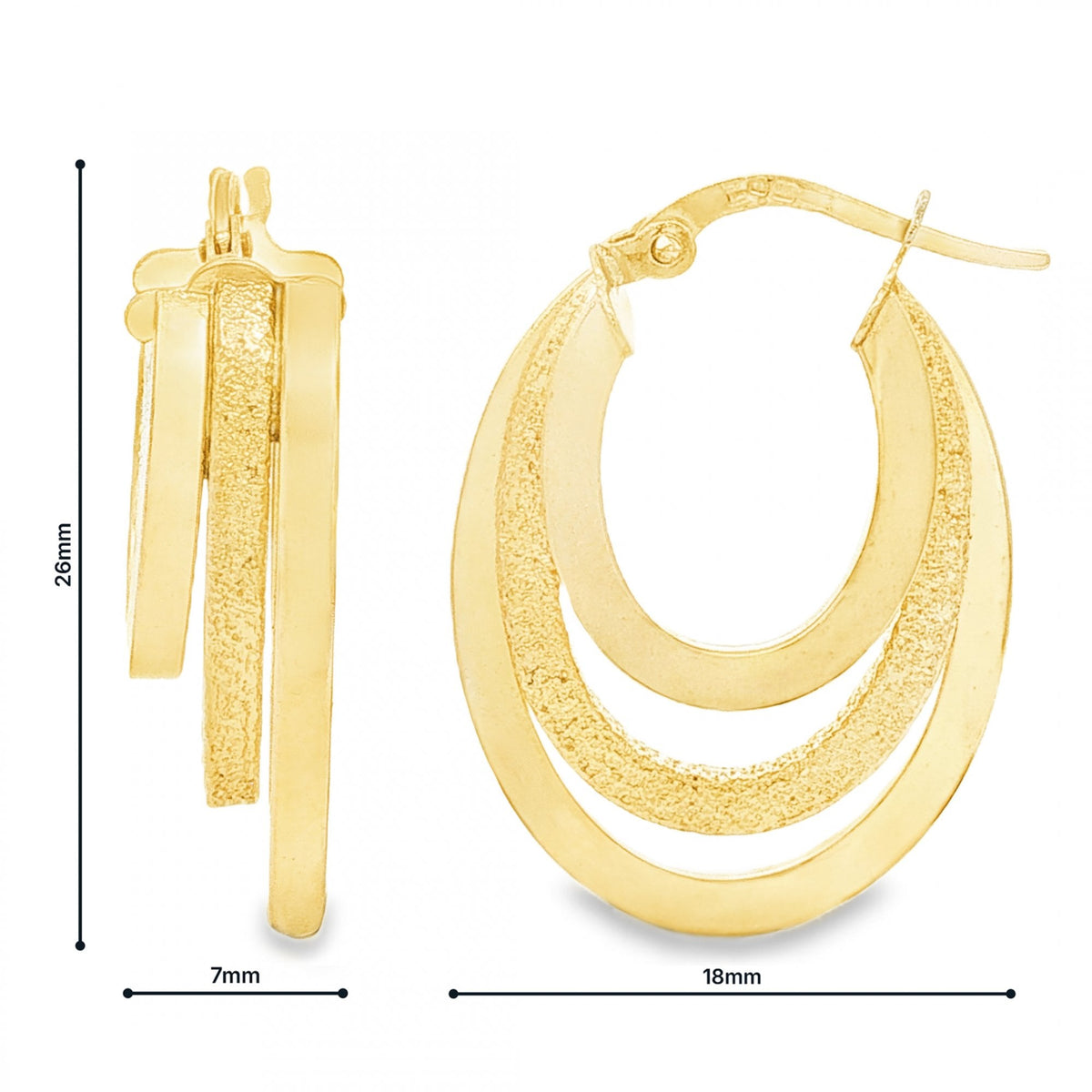 9ct Yellow Gold Graduated Triple Square Hoop Earrings -7x26x18mm