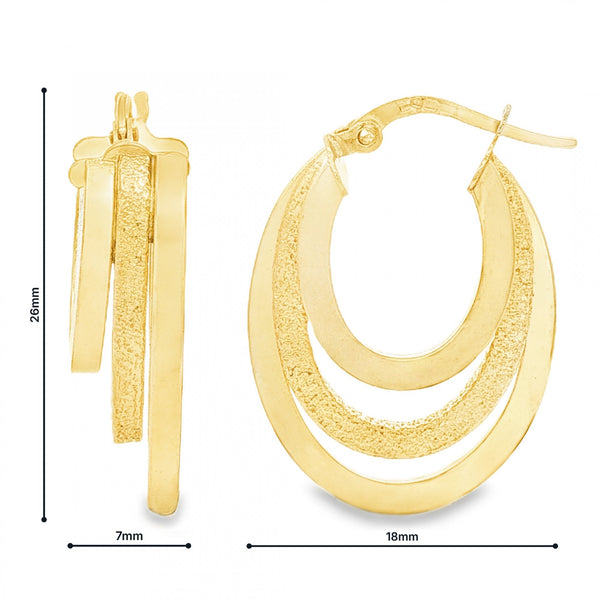9ct Yellow Gold Graduated Triple Square Hoop Earrings -7x26x18mm