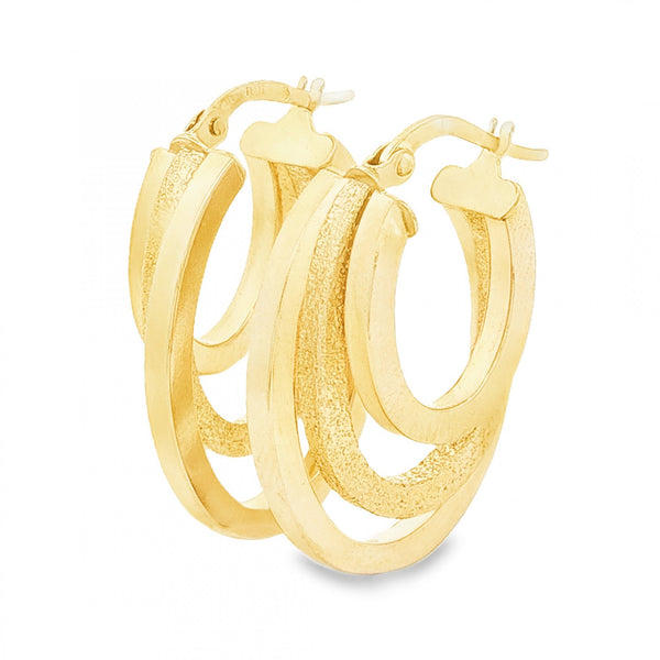 9ct Yellow Gold Graduated Triple Square Hoop Earrings -7x26x18mm