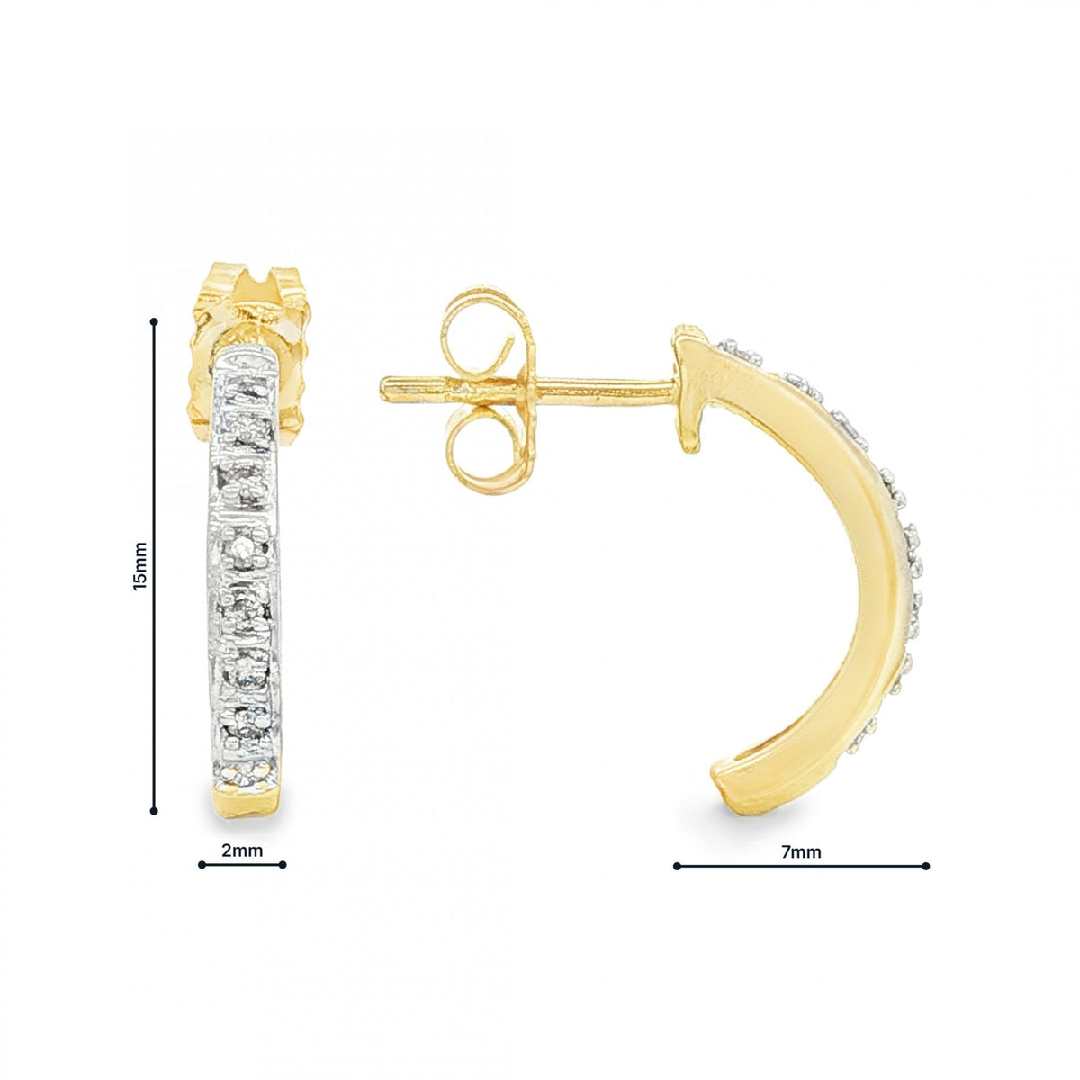 9ct Yellow Gold Diamond Half-Hoop Stud Earrings - 2x15mm -0.10ct