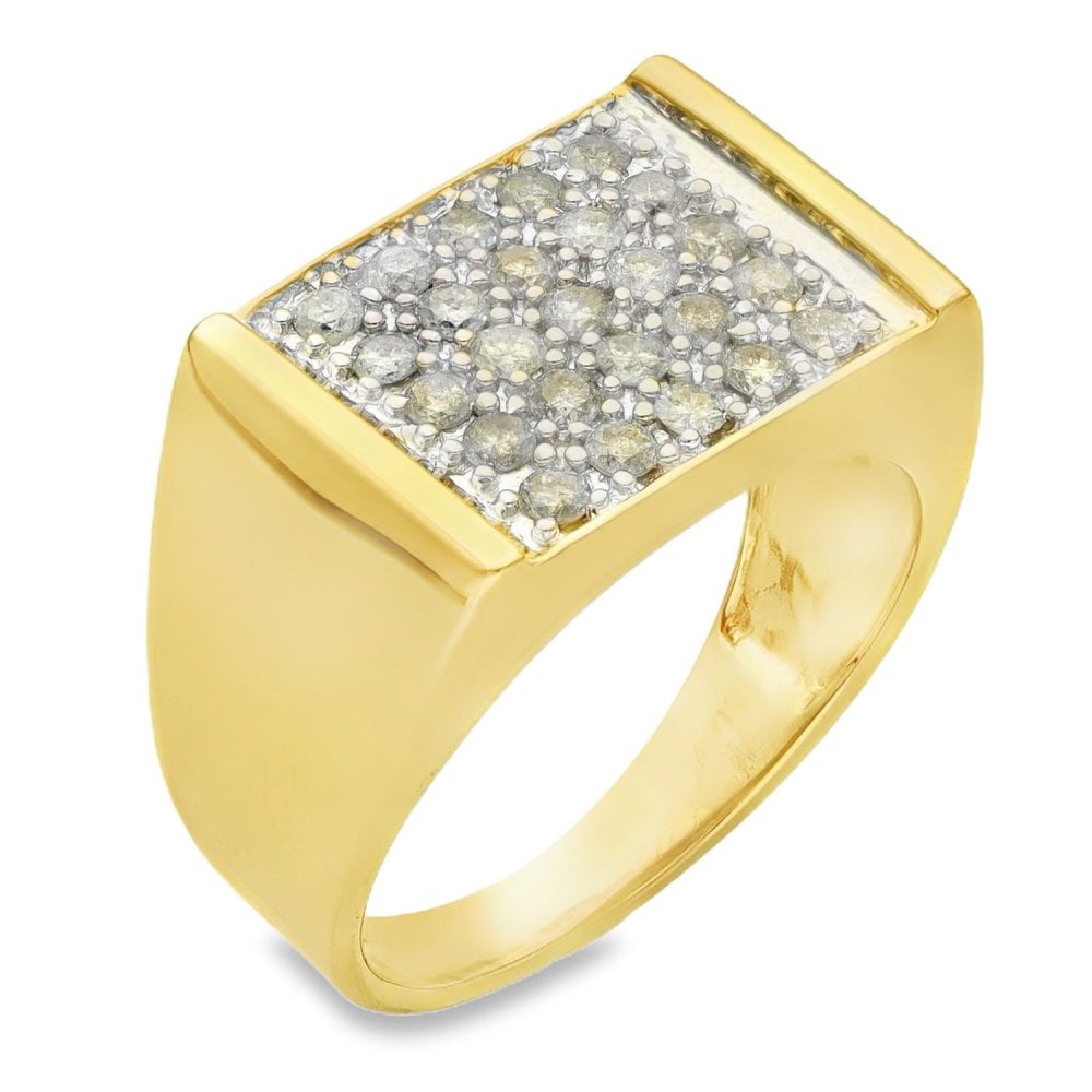 9ct Yellow Gold Diamond Square Signet Ring - Size S - 0.66ct