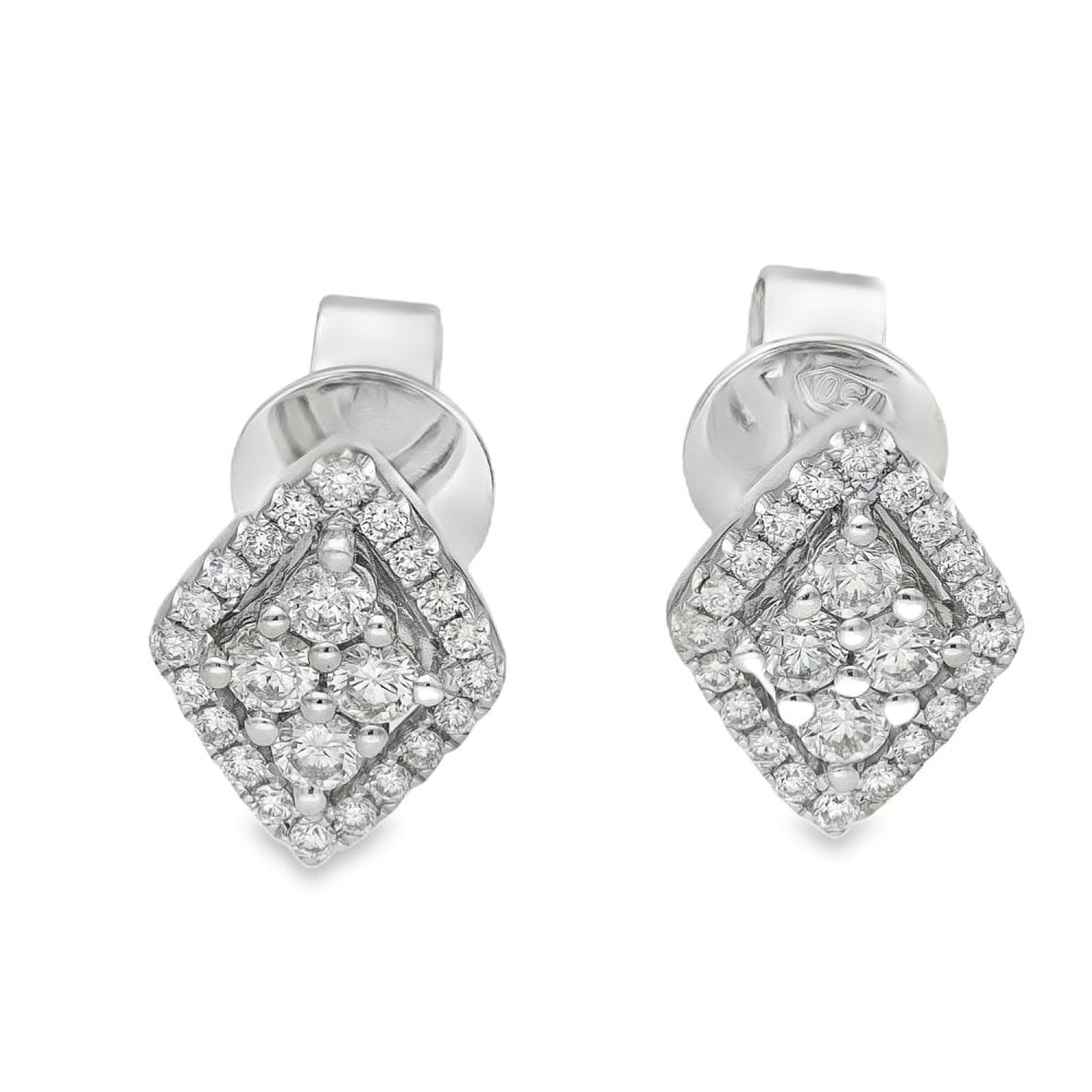 18ct White Gold Diamond Cluster Stud Earrings - 9x11mm - 0.60ct