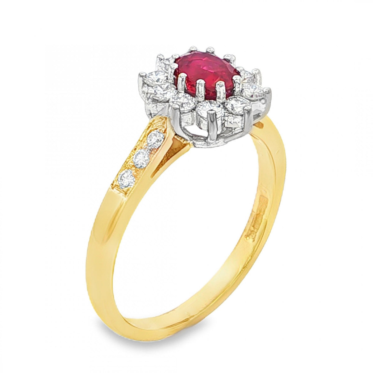 18ct Yellow Gold Ruby & Diamond Cluster Ring - Size L - 0.31ct
