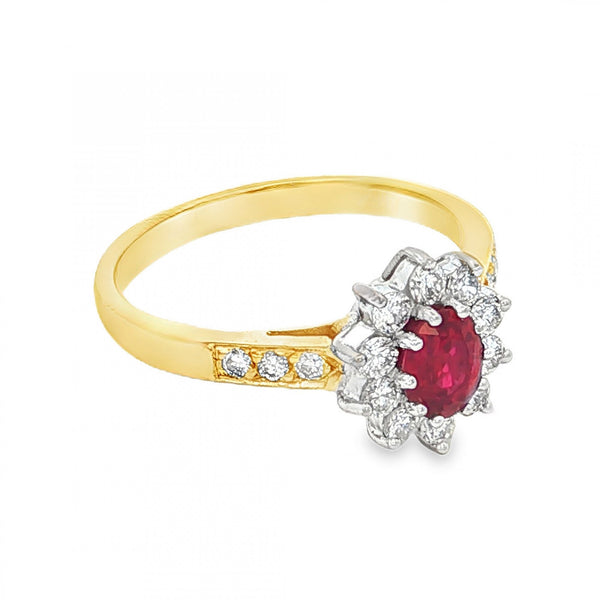 18ct Yellow Gold Ruby & Diamond Cluster Ring - Size L - 0.31ct