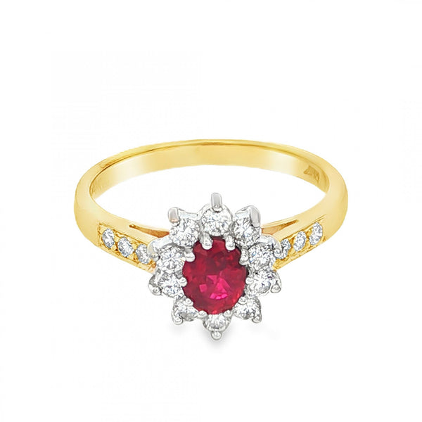 18ct Yellow Gold Ruby & Diamond Cluster Ring - Size L - 0.31ct