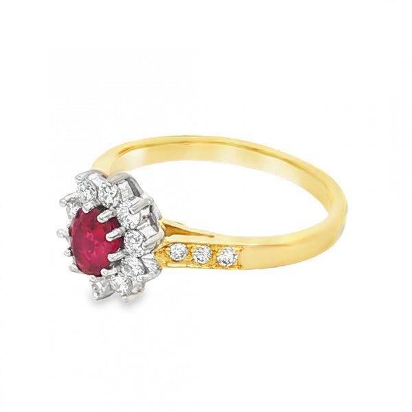 18ct Yellow Gold Ruby & Diamond Cluster Ring - Size L - 0.31ct