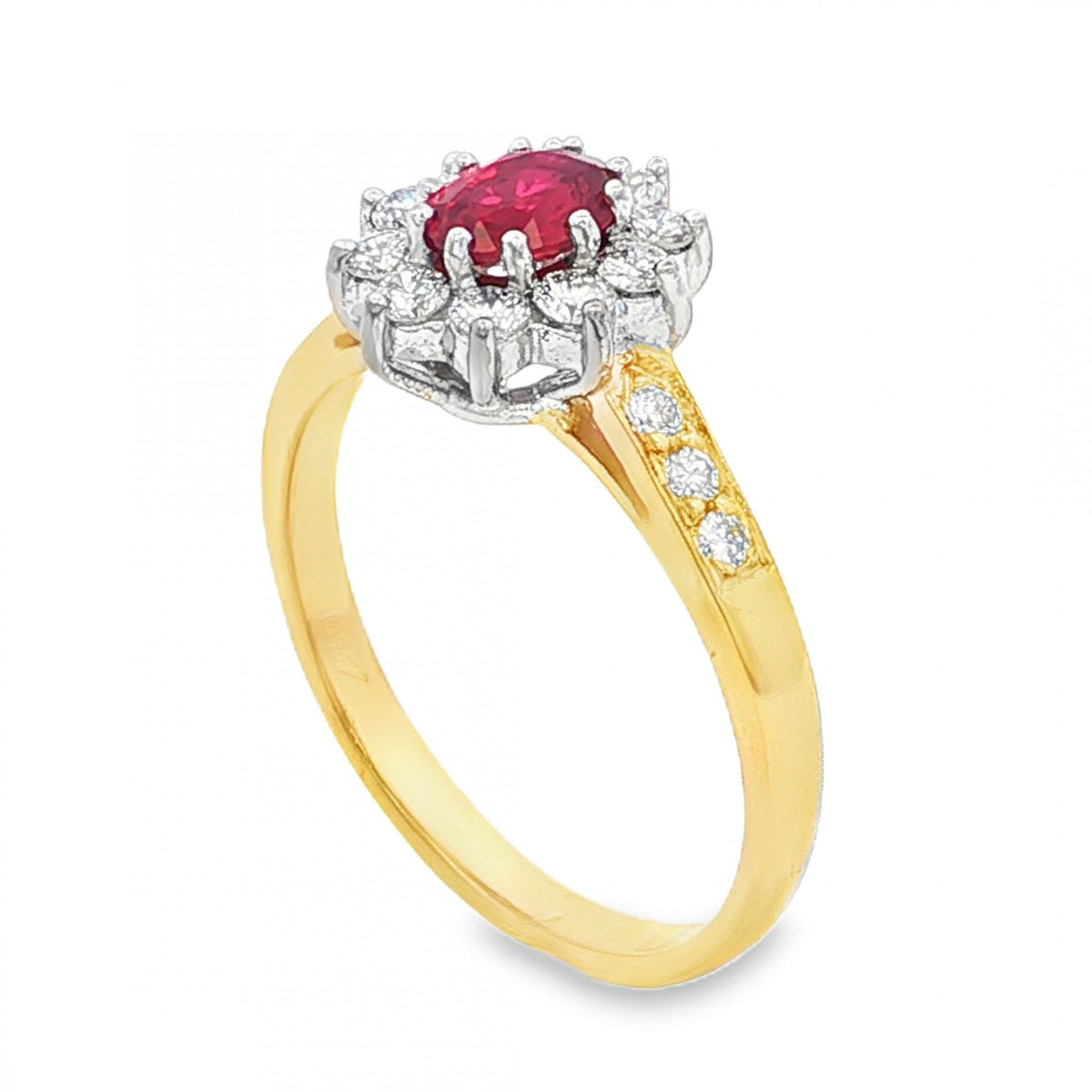 18ct Yellow Gold Ruby & Diamond Cluster Ring - Size L - 0.31ct