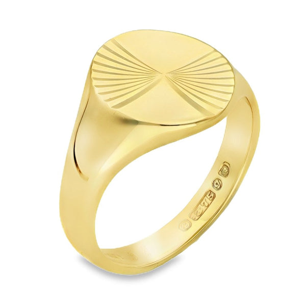 9ct Yellow Gold Half-Sunburst Oval Signet Ring - Size R - 14mm