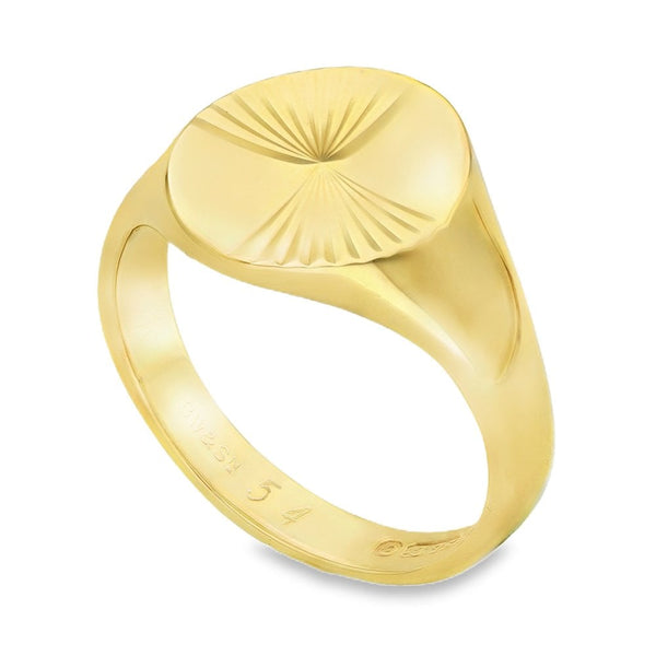 9ct Yellow Gold Half-Sunburst Oval Signet Ring - Size R - 14mm