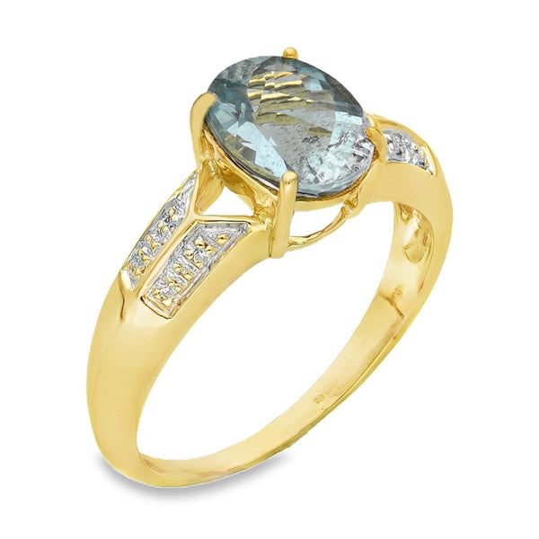 9ct Yellow Gold Aquamarine & Diamond Ring - Size O½ - 1.87ct