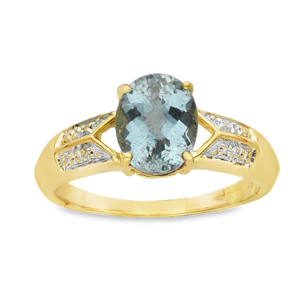 9ct Yellow Gold Aquamarine & Diamond Ring - Size O½ - 1.87ct