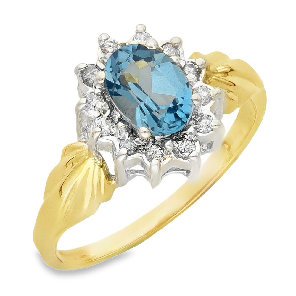 9ct Yellow Gold Aquamarine & Diamond Cluster Ring - 0.78ct