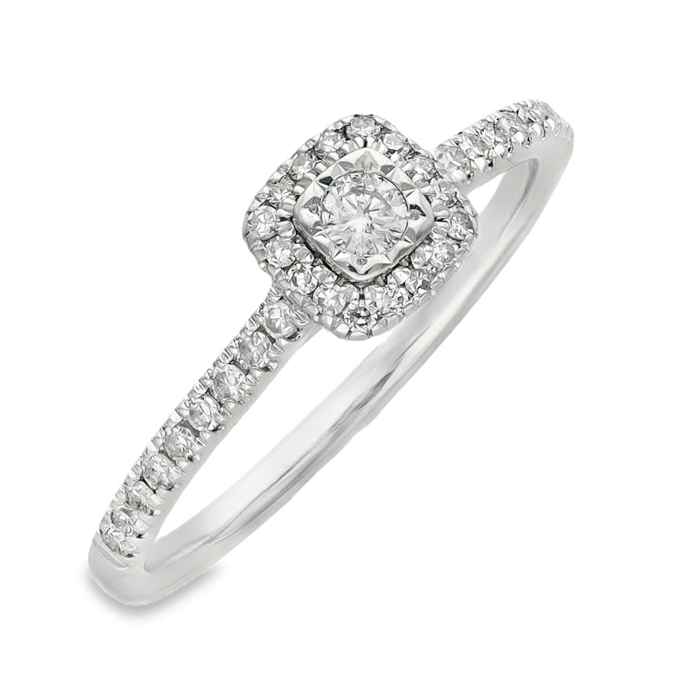 9ct White Gold Diamond Cluster Halo Ring - Size N - 0.30ct