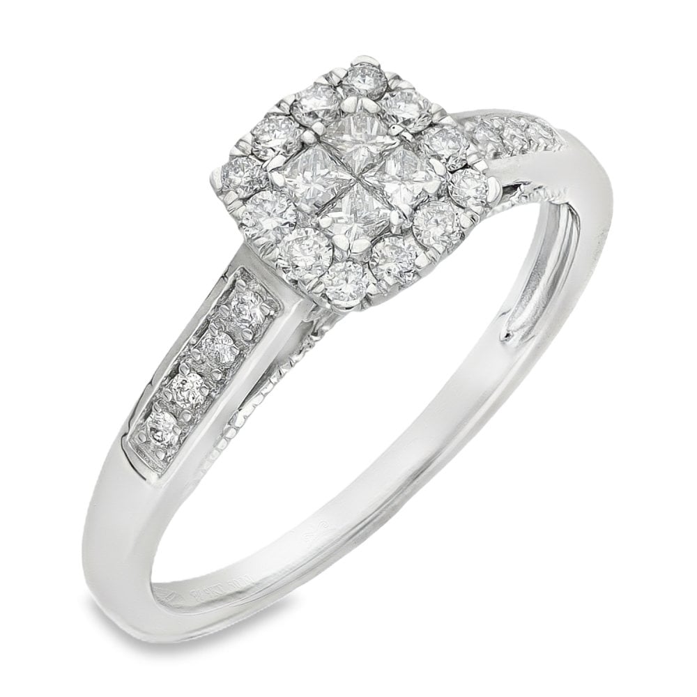 9ct White Gold Diamond Cluster Ring - Size Q½ - 0.50ct