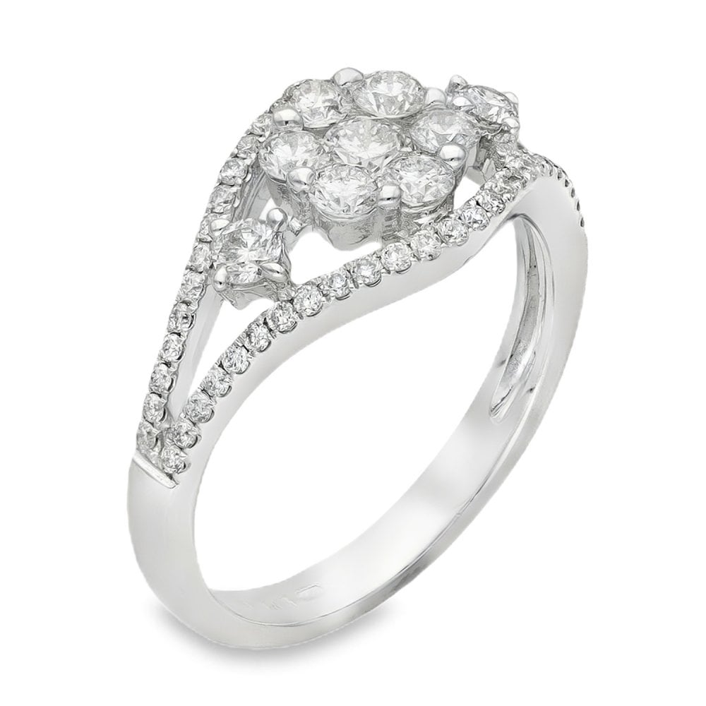 18ct White Gold Diamond Flower Cluster Ring - Size L - 0.85ct