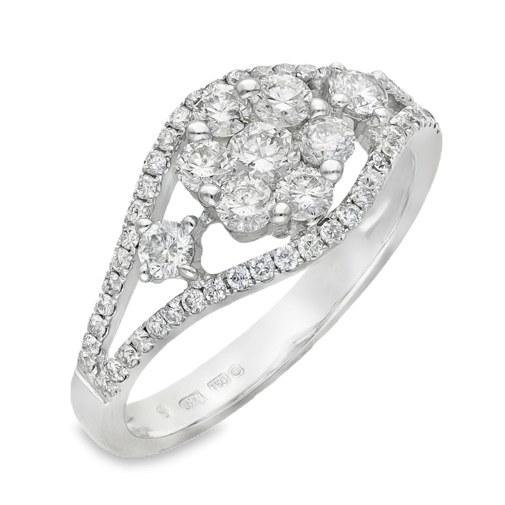 18ct White Gold Diamond Flower Cluster Ring - Size L - 0.85ct