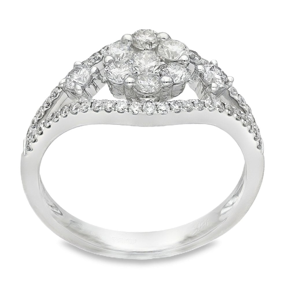 18ct White Gold Diamond Flower Cluster Ring - Size L - 0.85ct
